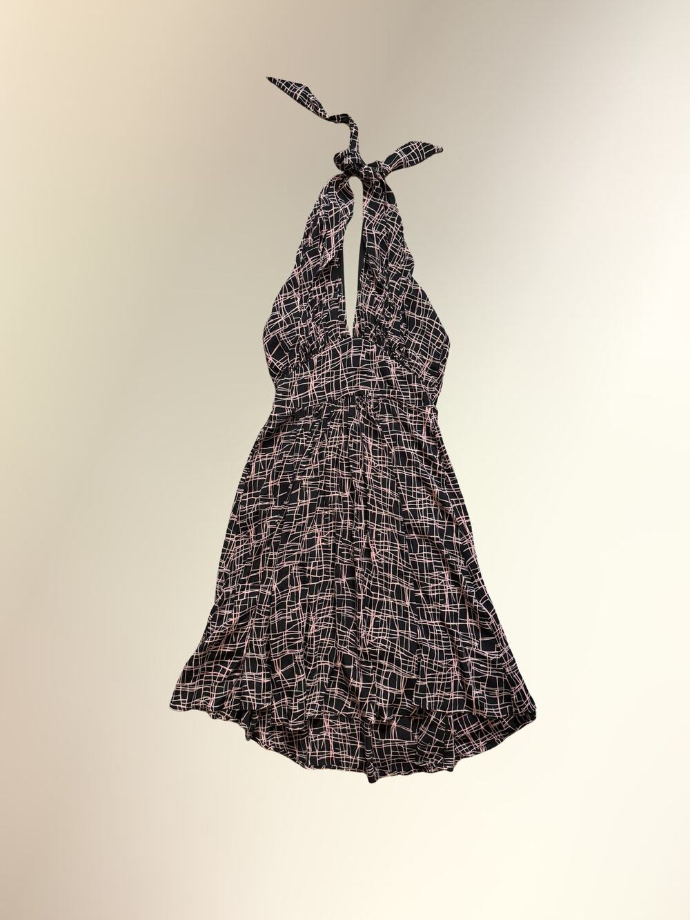 Loco Lindo Black Pink Geometric Print Halter Tie Neck Midi Dress Women's XL
